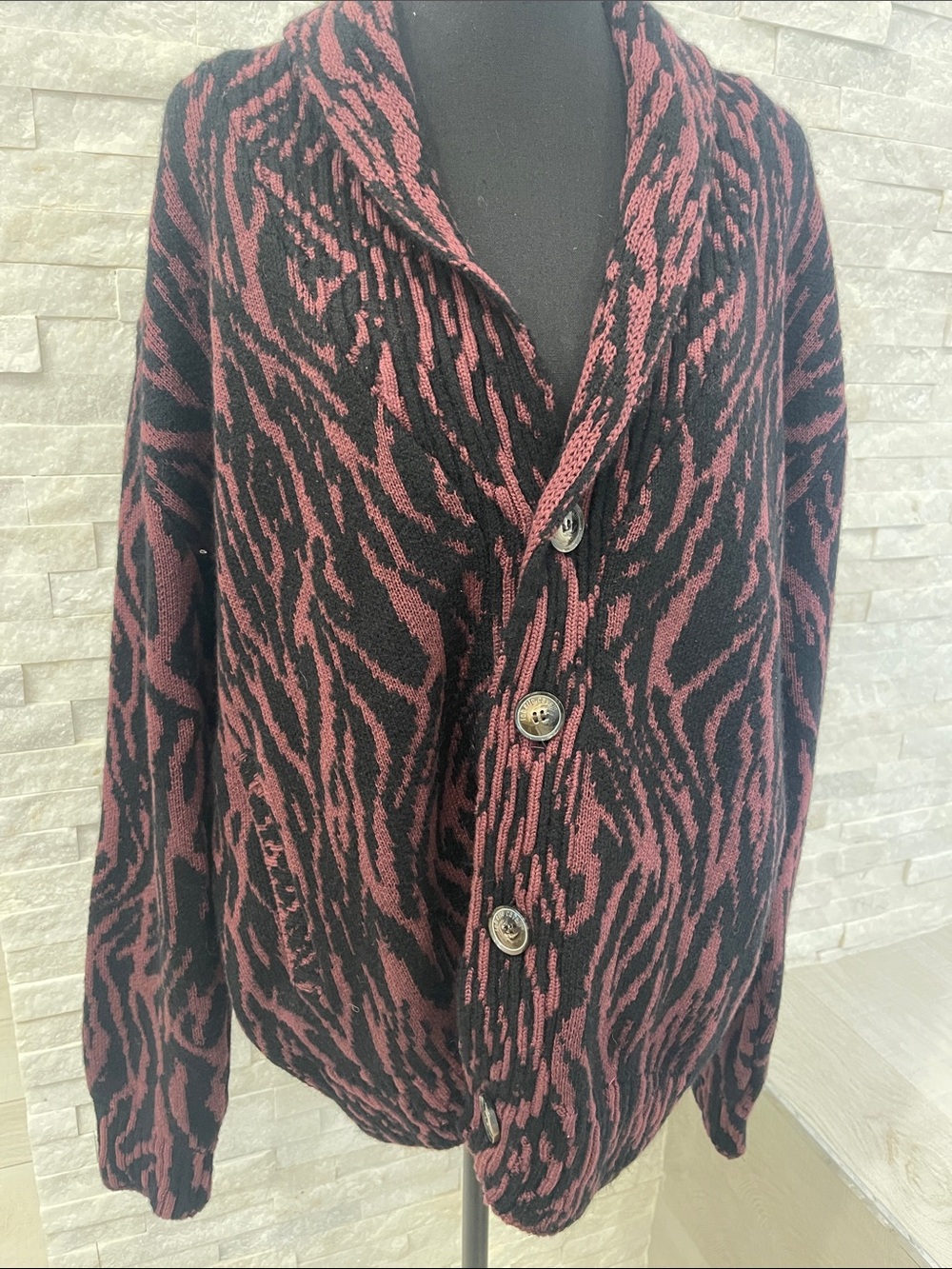Roberto Cavalli Black and Burgundy Patterned Button-Up Shawl Cardigan